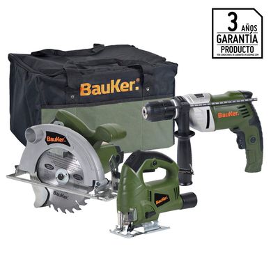 Combo Sierra Circular 1500W + Taladro Percutor 13mm 720W + Caladora 570W Bauker