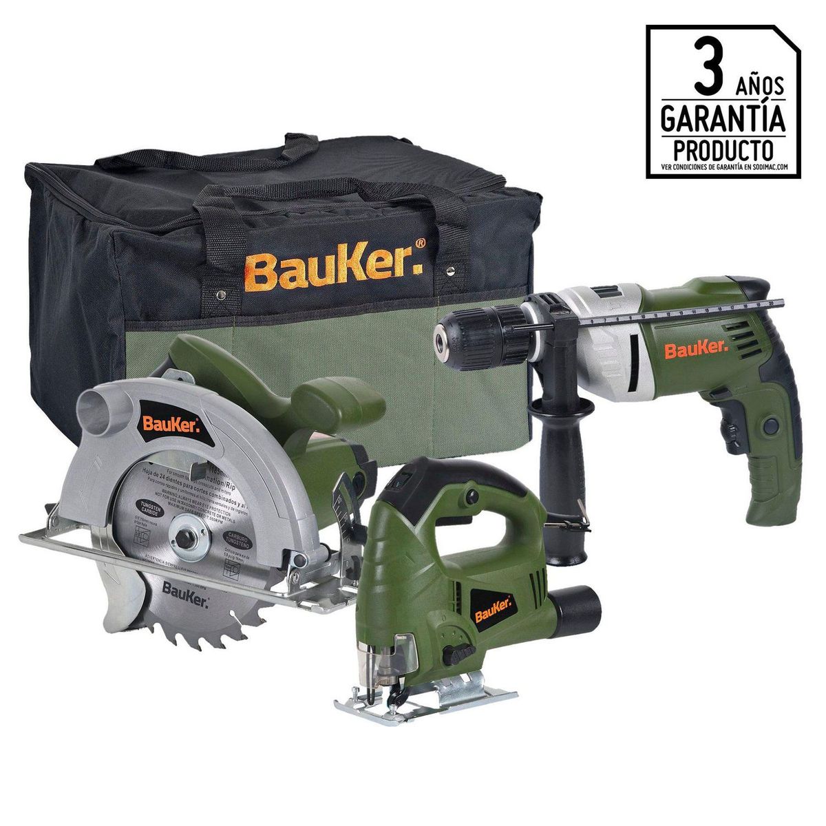 BAUKER - Combo Sierra Circular Bauker 1500W + Taladro Percutor Bauker13mm 720W + Caladora Bauker 570W