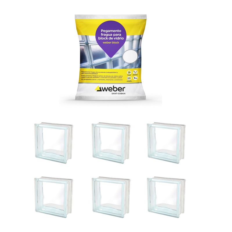  - Pegamento Weber Block de Vidrio 5kg + 6 Bloques de Vidrio Olas 19x19x8cm