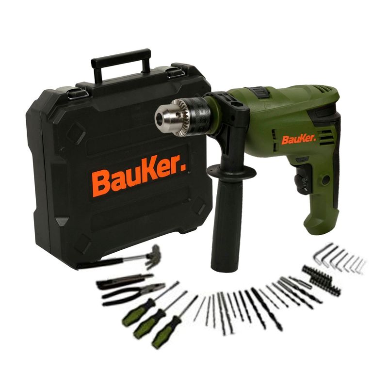 BAUKER - Taladro Percutor Eléctrico Bauker 1/2" 600W + 50 accesorios + Maletín Bauker