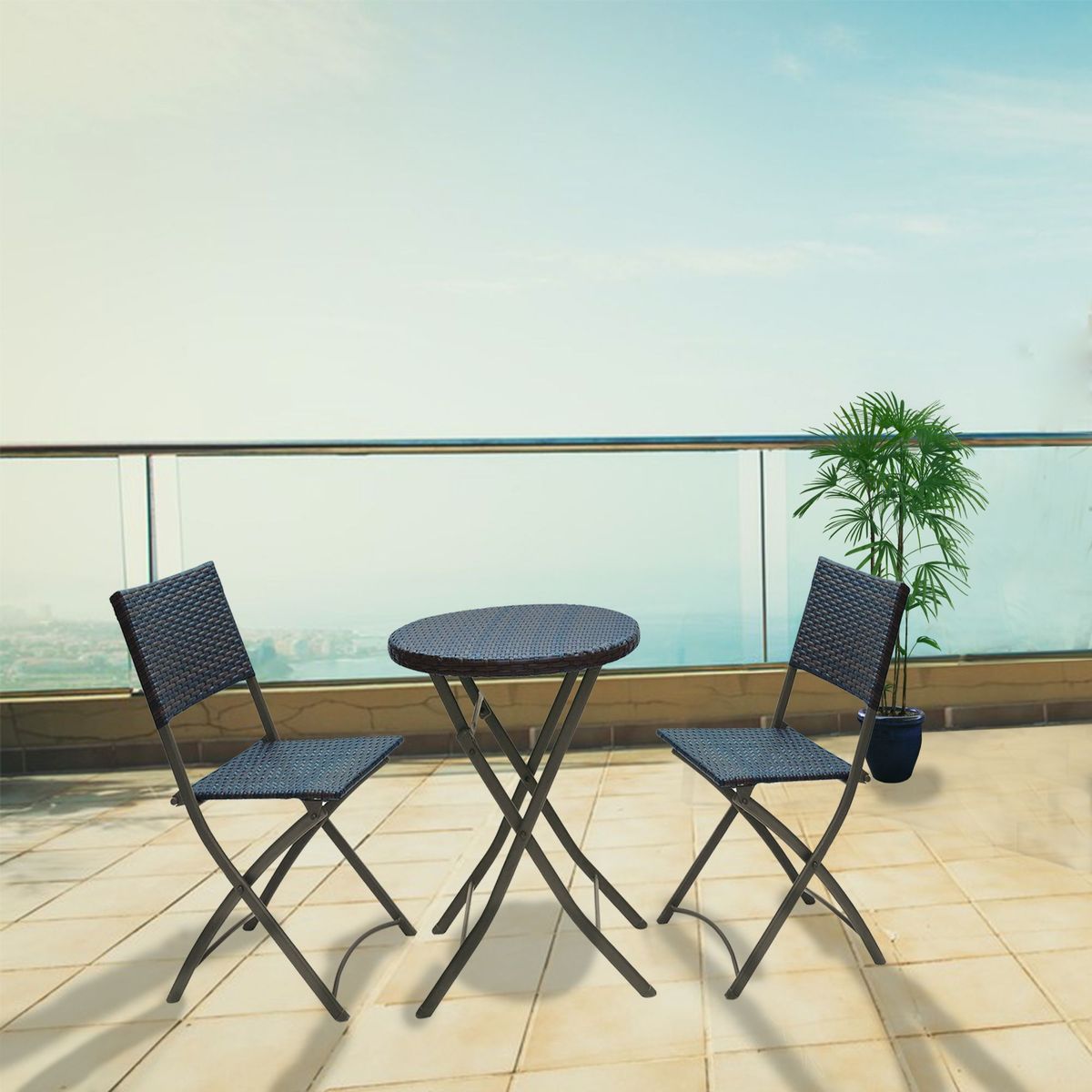 JUST HOME COLLECTION - Juego de Balcón Plegable 2 personas Ratán Marrón