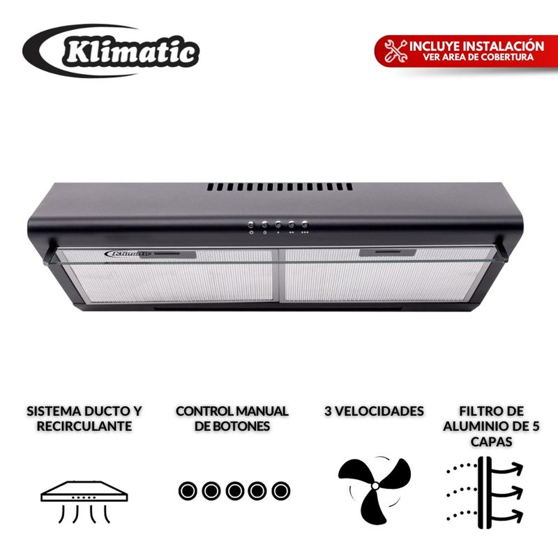 KLIMATIC - Campana Extractora Negro Mate 60cm CK601NE