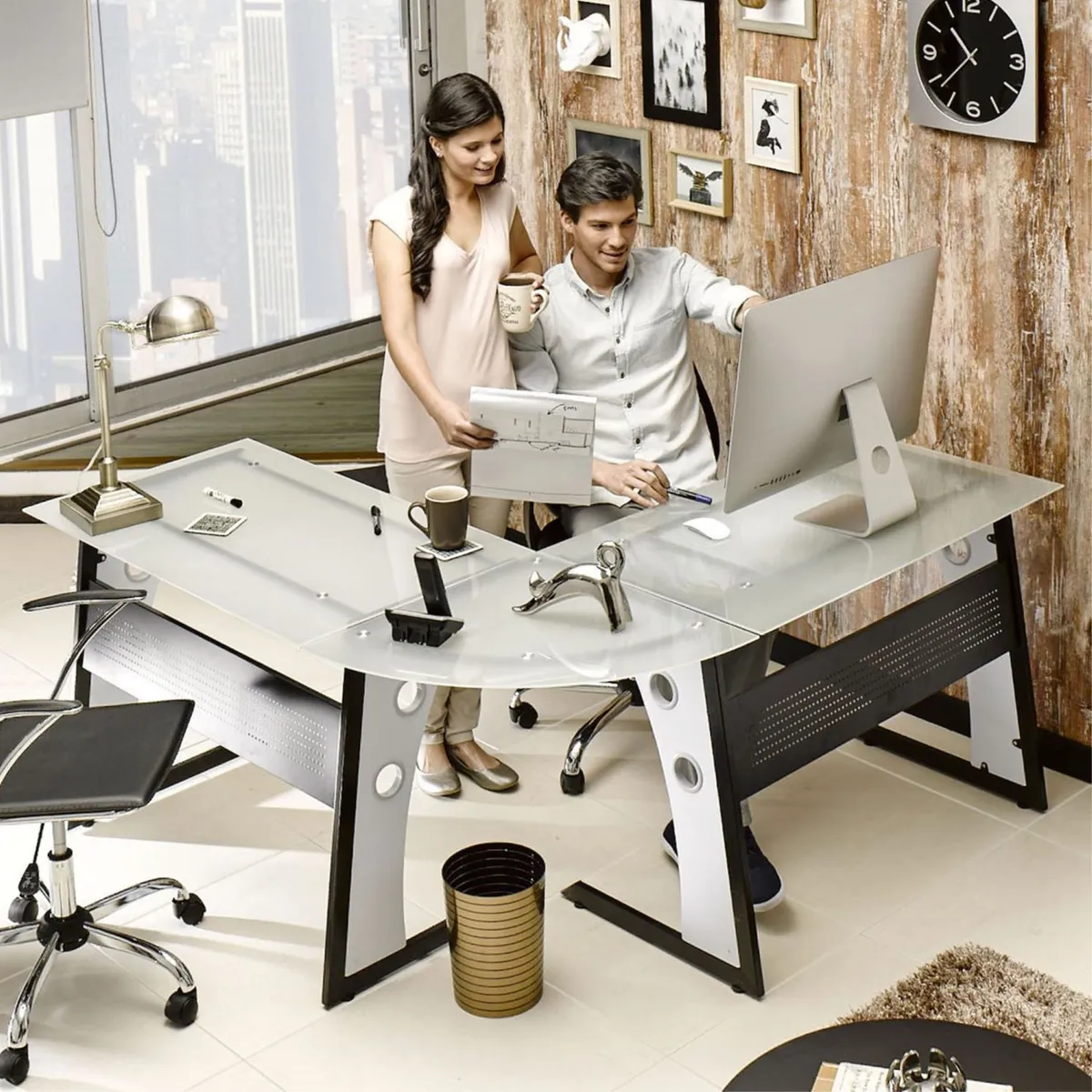 JUST HOME COLLECTION - Escritorio en L Blanco de Vidrio Ejecutivo