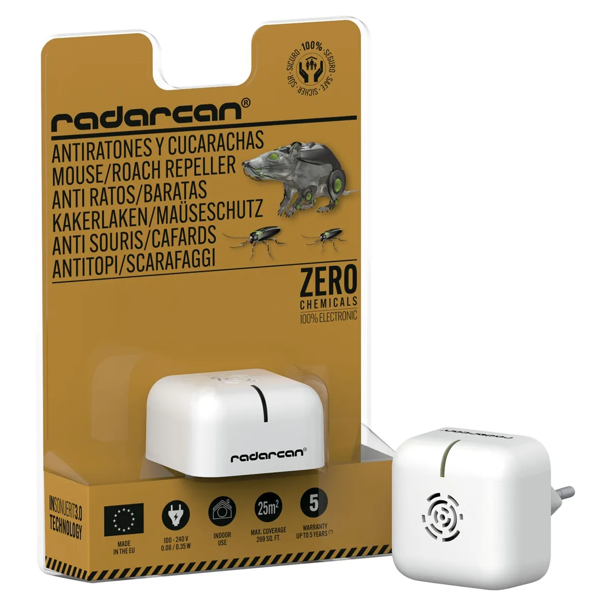 RADARCAN - Repelente de Ratones y Cucarachas con Enchufe Metal Blanco 4.8 cm2.8 cm4.4 cm