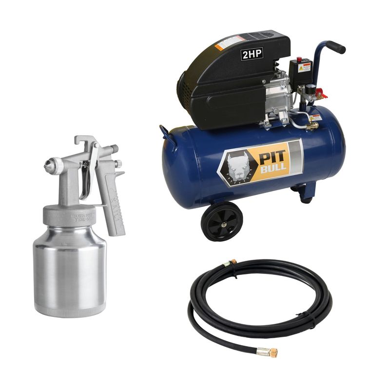  - Compresora De Aire Pitbull Semi Profesional 2HP 50 Lt + Pistola Baja Presión Arpex + Manguera de Aire 1/4" 5m Lago