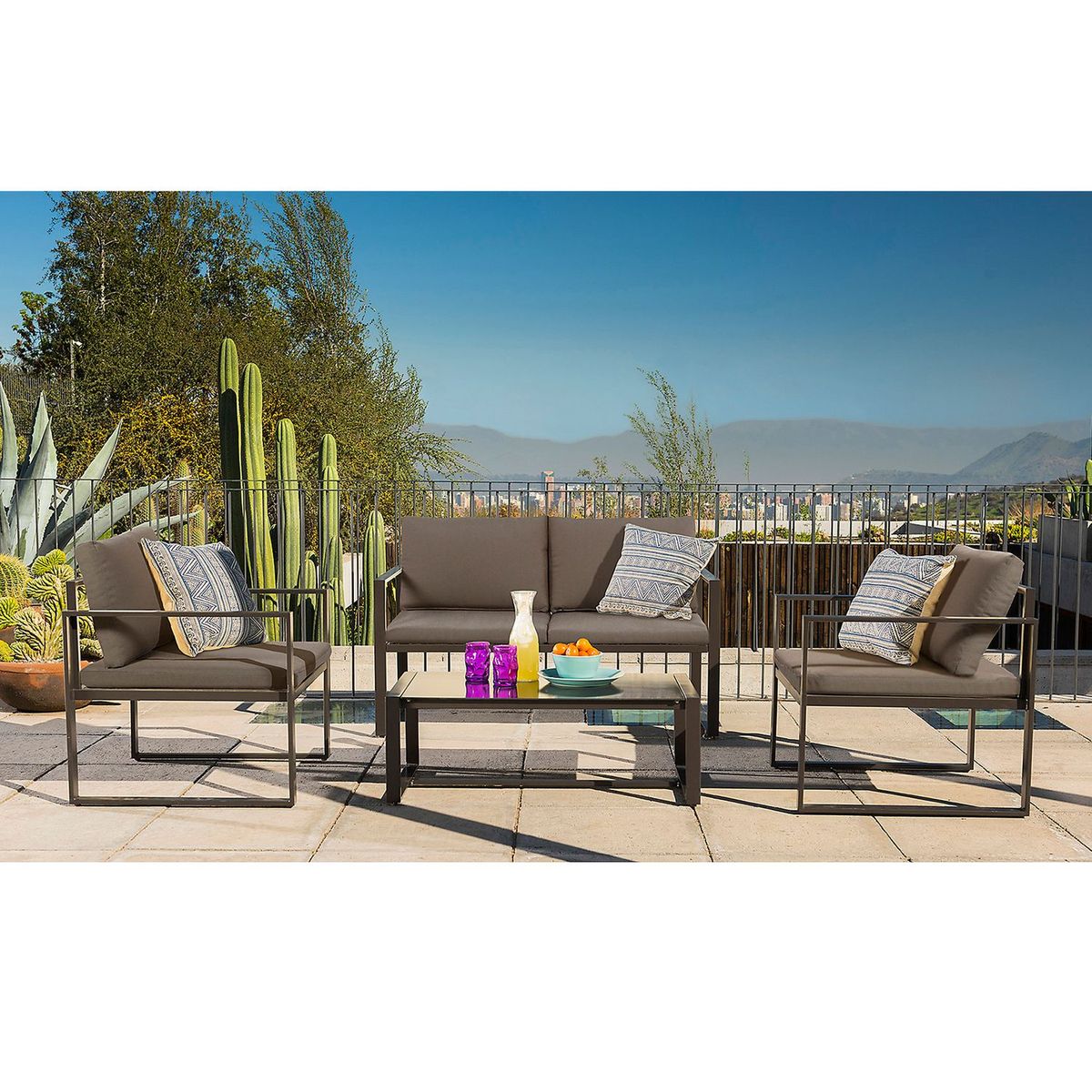 JUST HOME COLLECTION - Juego Living de terraza Long Beach 4 personas Tabaco