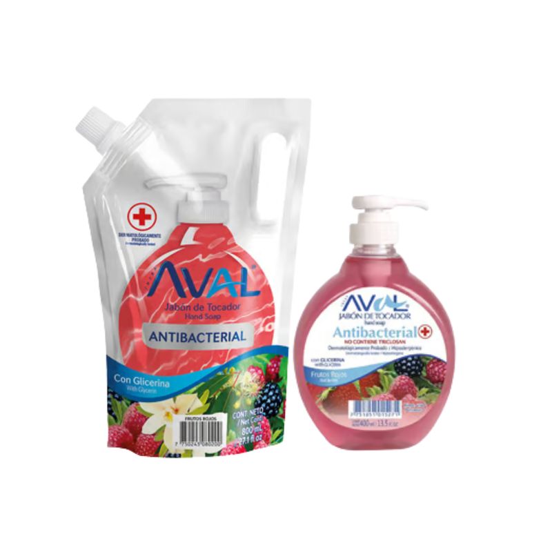 AVAL - Jabón Líquido Antibacterial Frutos Rojos Aval 400Ml + Jabón Líquido Antibacterial Frutado Aval 800Ml