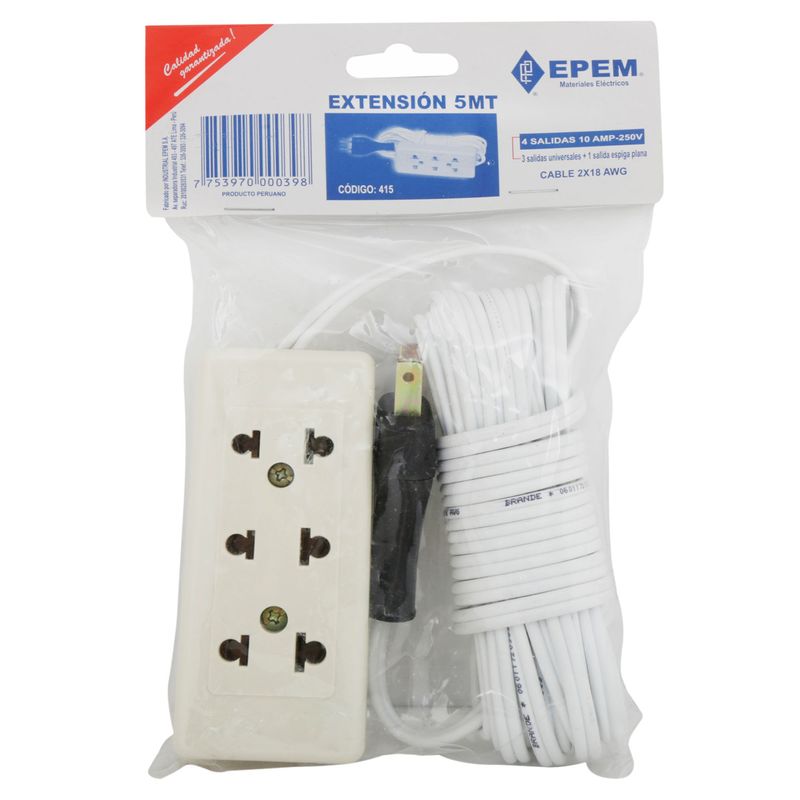 EPEM - Extensión eléctrica 3 Tomas Universal 5 Metros Blanco