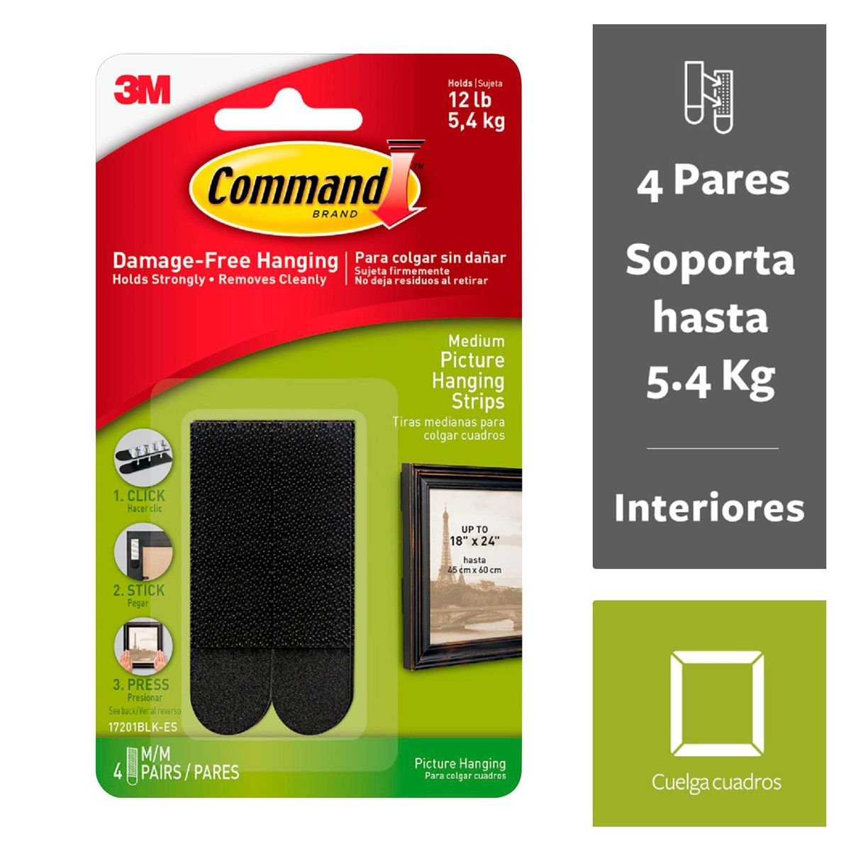 COMMAND - Tiras Command 3M Medianas para Colgar Cuadros Negras x 4 pares