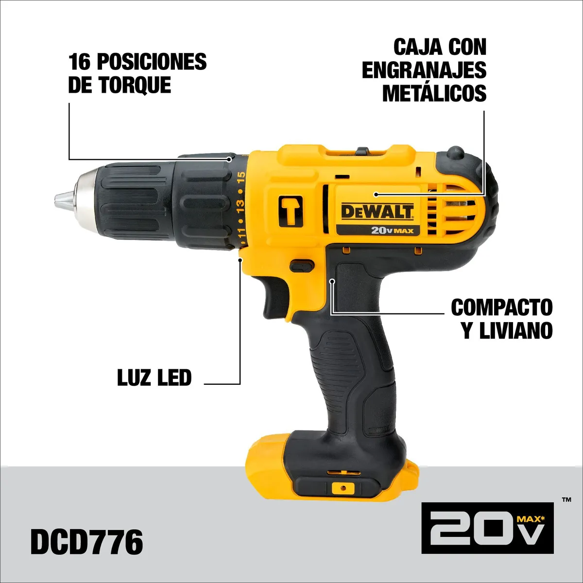 DEWALT - Taladro Percutor Inalambrico Dewalt 1/2" 20V DCD776C2