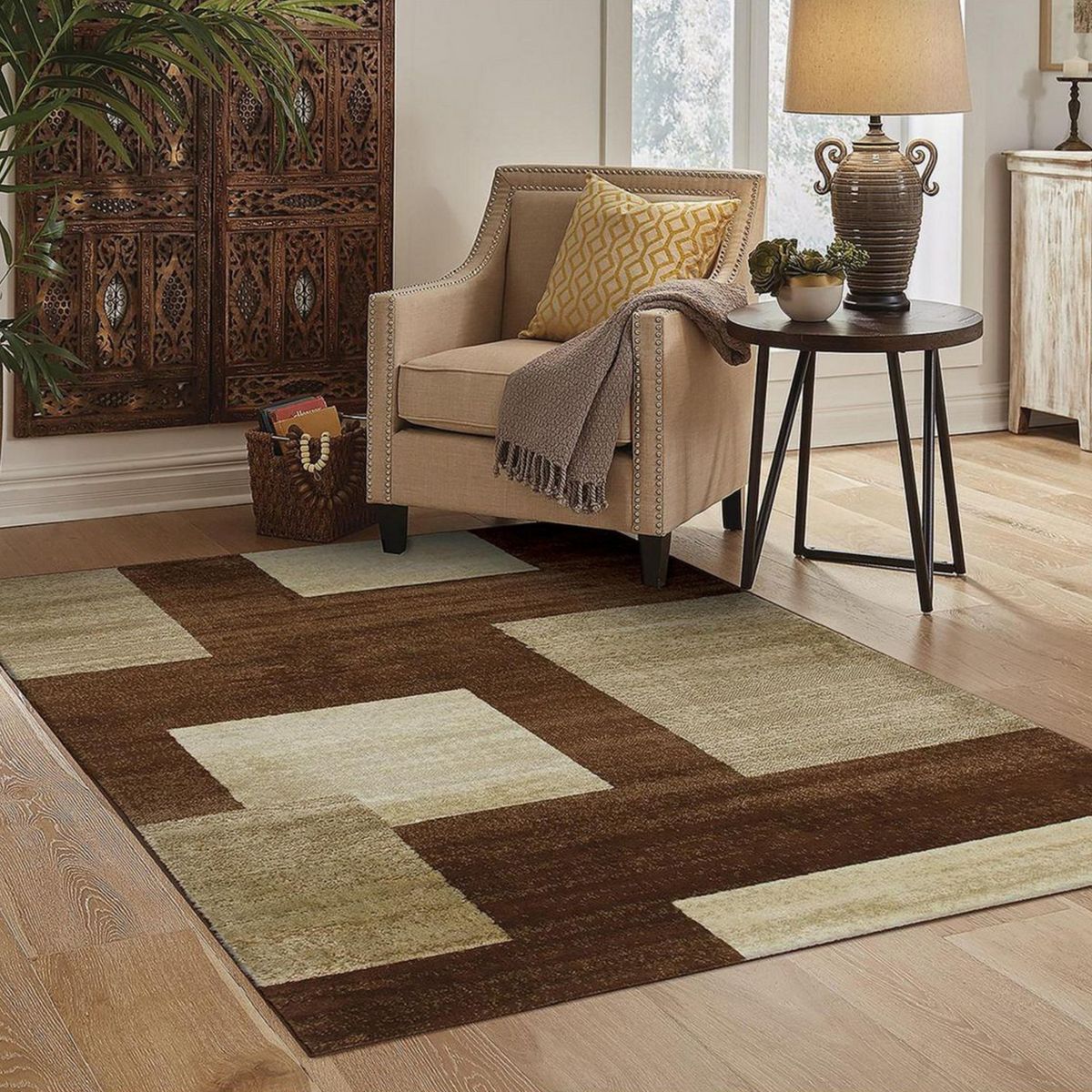 JUST HOME COLLECTION - Alfombra Rectangular Marron Carrera Cuadros
