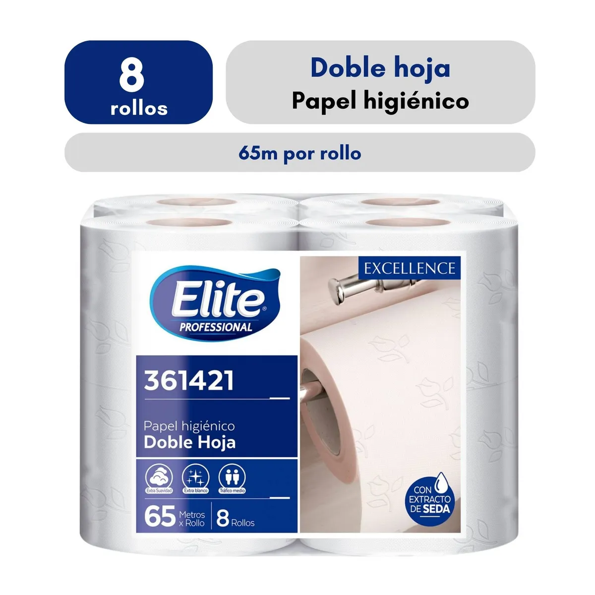 ELITE PROFESSIONAL - Papel Higiénico Doble Hoja Elite X8 Rollos 65M