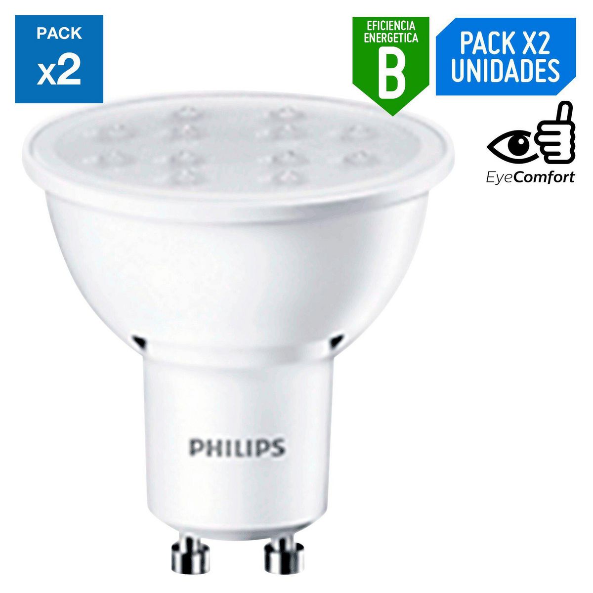PHILIPS - Pack x2 Foco LED Dicroico Gu10 4W Luz Amarilla