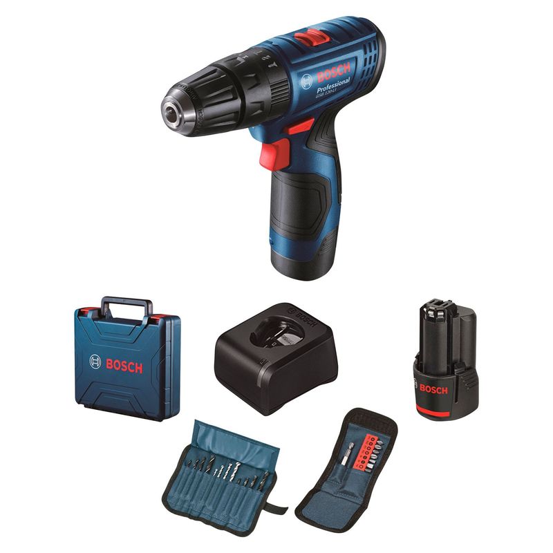 BOSCH - Taladro Atornillador percutor Bosch GSB 120-LI + 2 baterías + 23 Accesorios + maletín de plástico