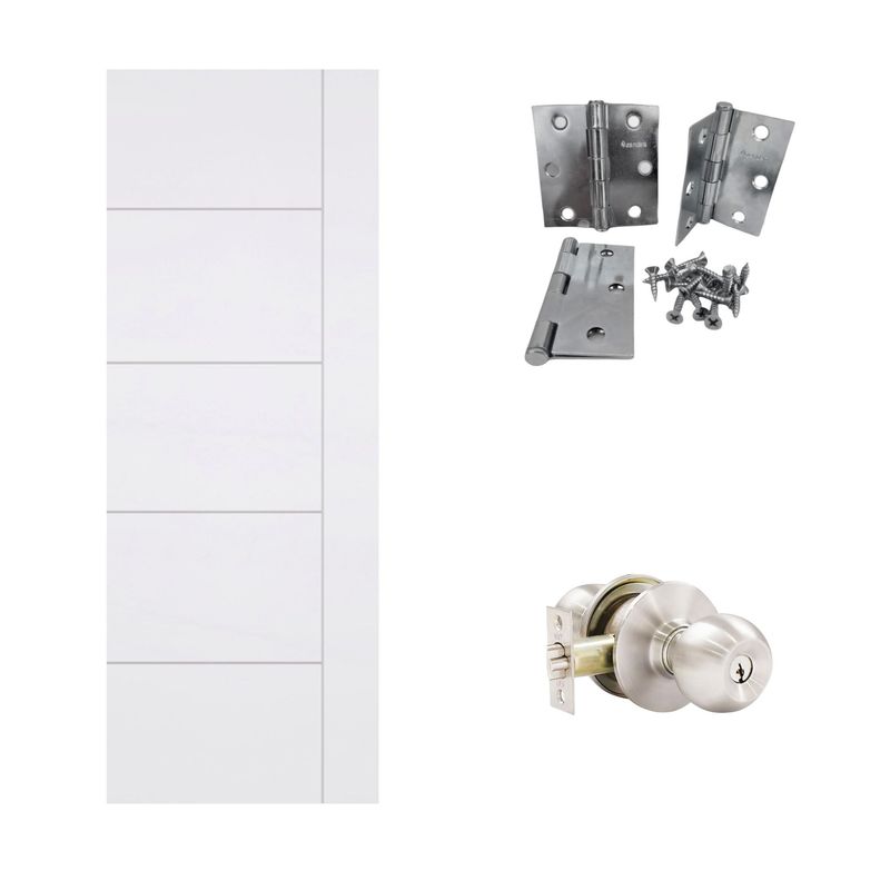  - Puerta Interior Combo (Marco+Kit de Instalación) Verona 70x207cm Blanco + Cerradura de Pomo Dormitorio Carolina Roseta Acero Inoxidable + Bisagra Zincada 3x3" x 3 und
