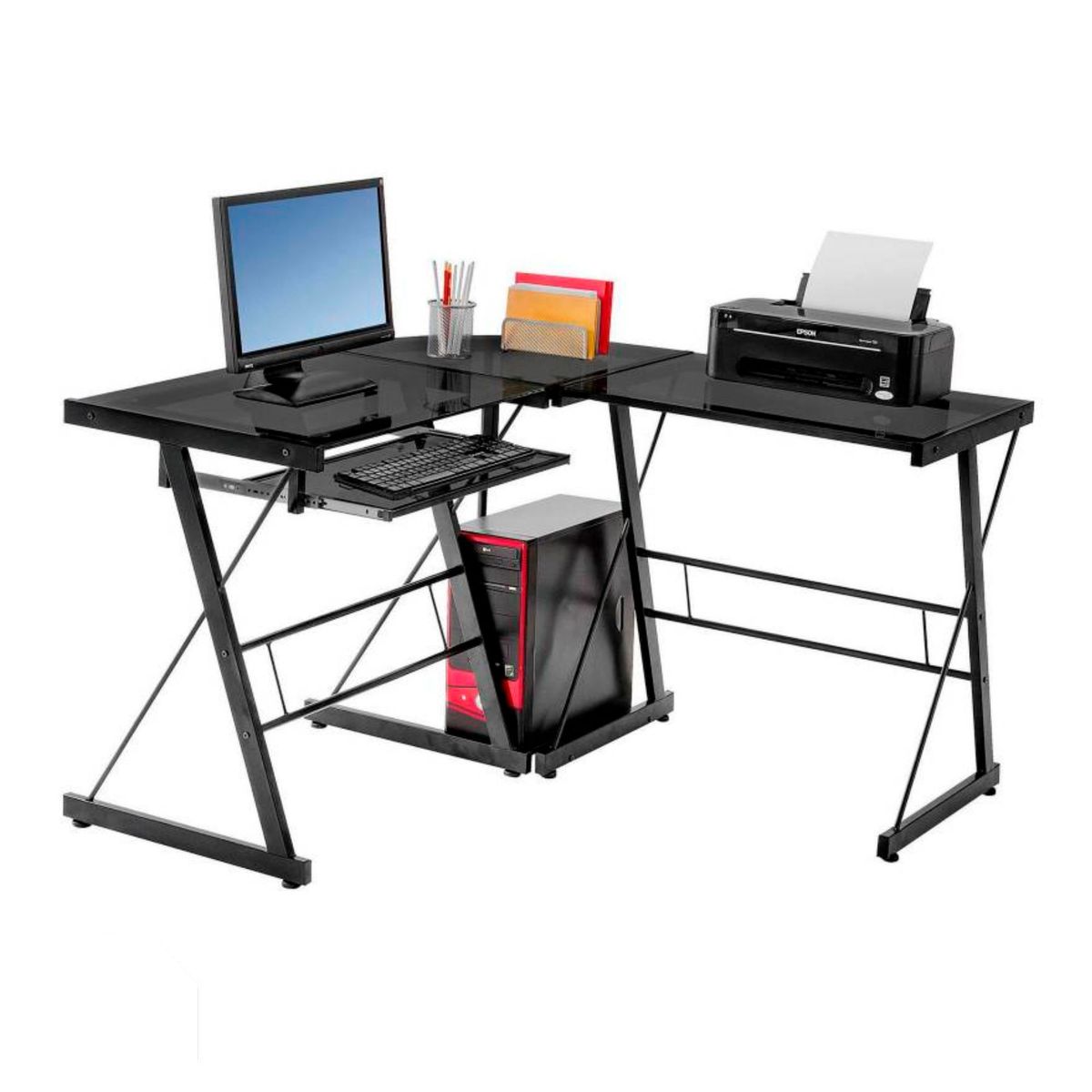 JUST HOME COLLECTION - Escritorio en L Negro de Vidrio Industrial