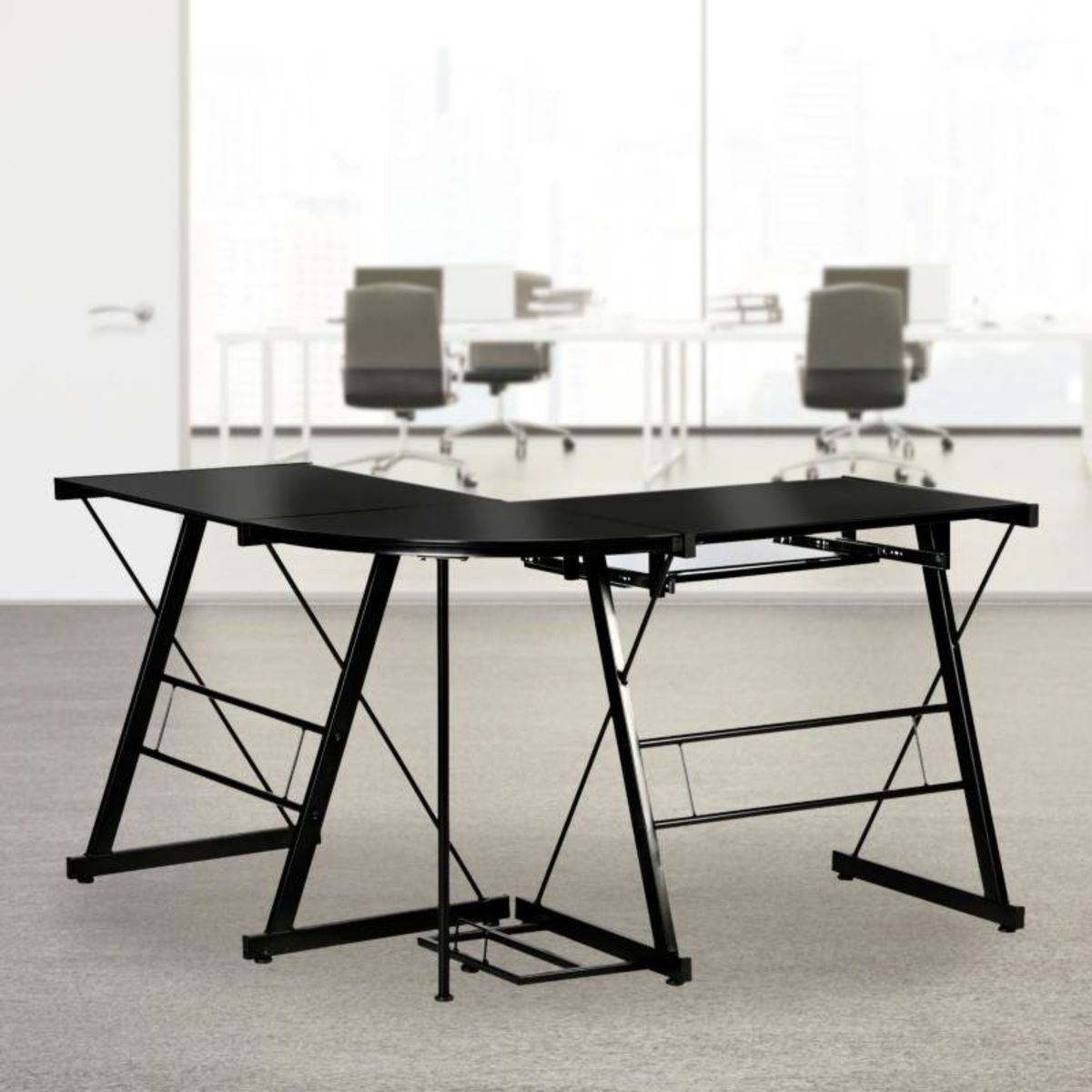 JUST HOME COLLECTION - Escritorio en L Negro de Vidrio Industrial