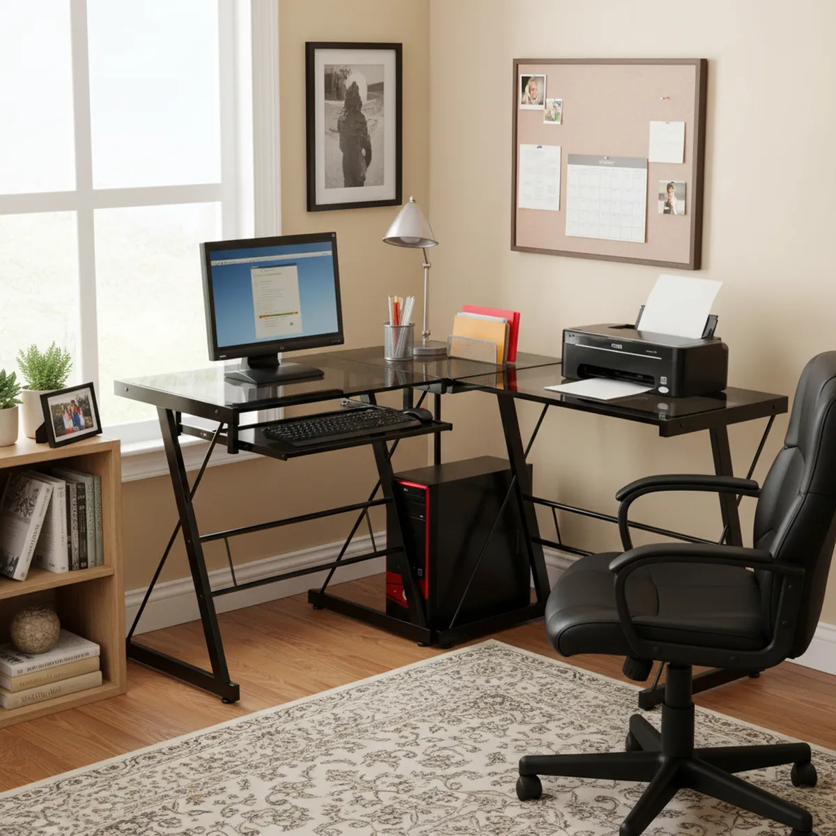 JUST HOME COLLECTION - Escritorio en L Negro de Vidrio Industrial