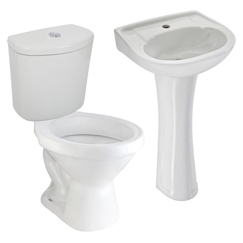 TREBOL - Tanque Inodoro Trebol Rapid Jet Premium Blanco + Lavamanos Sobre Pedestal Trebol Mancora Blanco + Pedestal para Lavamanos Trebol Universal Blanco + Taza Universal Blanca