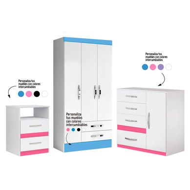 Ropero 3 puertas 2 cajones Infantil  + Cmoda Infantil 4 cajones  + Velador Infantil 2 Cajones