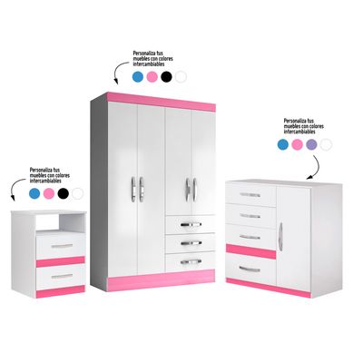 Ropero 4 puertas 3 cajones Infantil  + Cmoda Infantil 4 cajones  + Velador Infantil 2 Cajones