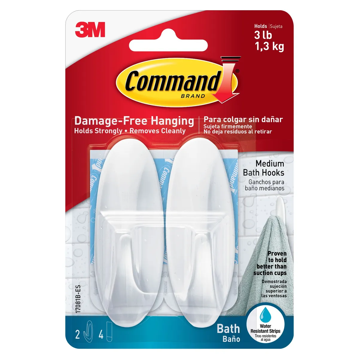 3M - Gancho Command 3M para Baño con Tiras Impermeables Mediano x 2 unid
