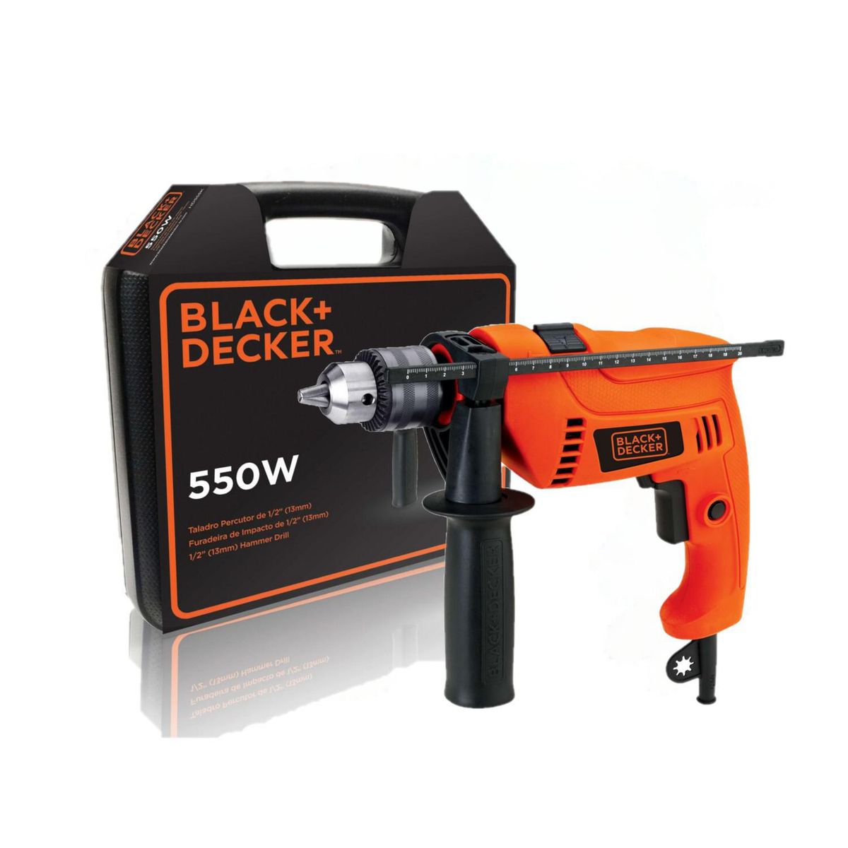 BLACK+DECKER - Taladro Percutor Eléctrico Black+Decker 1/2" 550W HD555K + Maleta de plástico