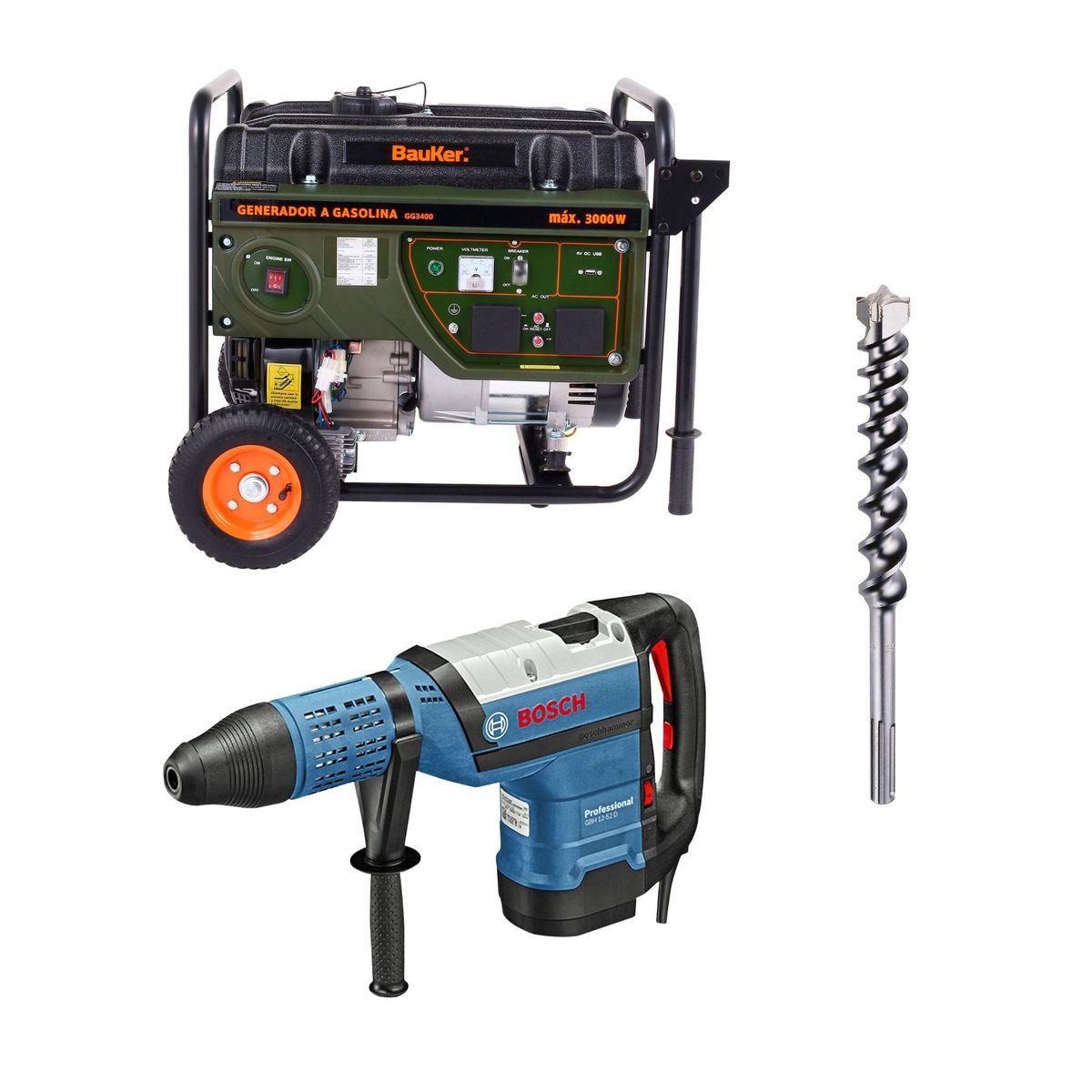  - Rotomartillo SDS Bosch Max Eléctrico 1700W Bosch + Generador a Gasolina 3300W Bauker + Broca SDS-MAX 32x400/520 mm Bosch
