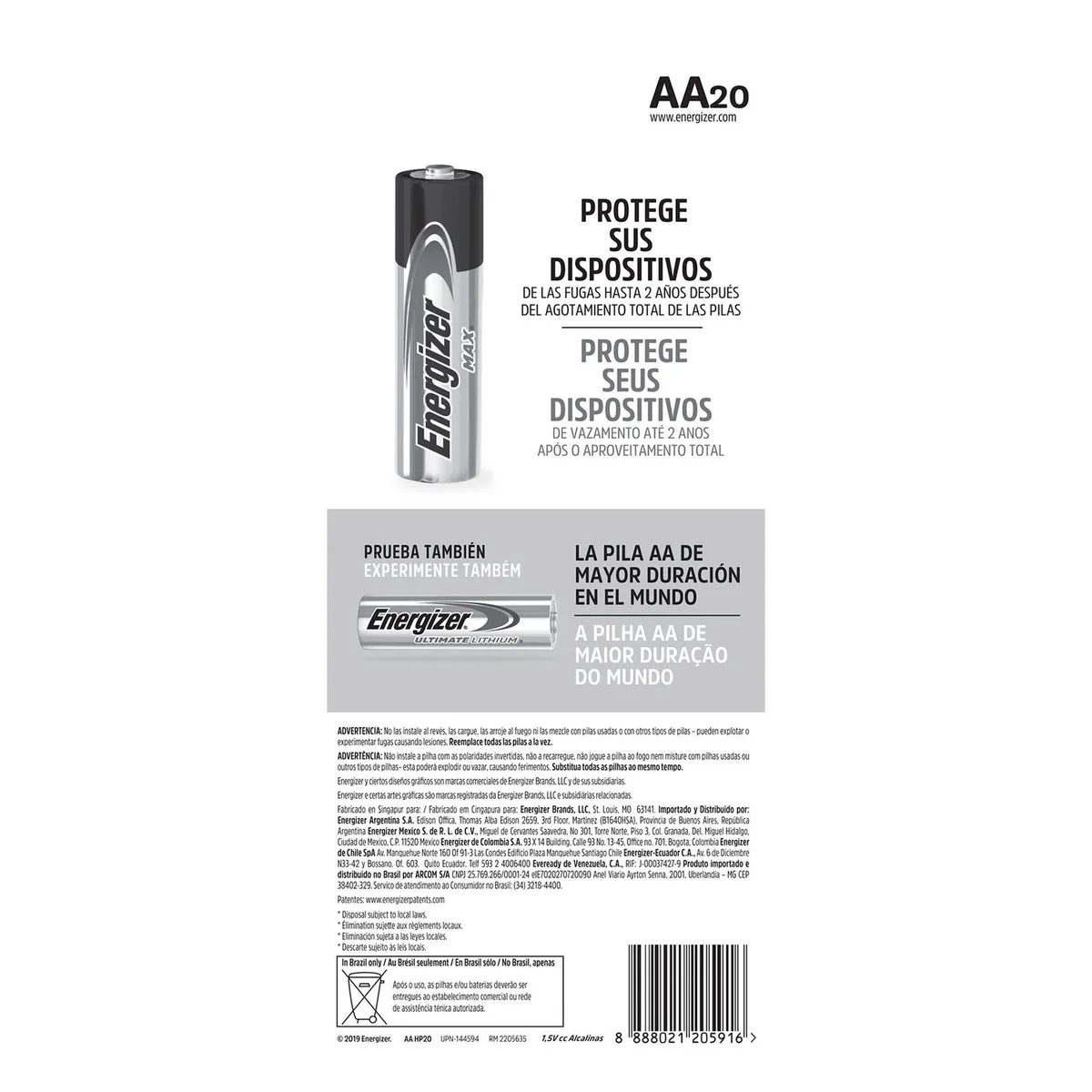 ENERGIZER - Pack de 20 pilas alcalinas AA 1.5V Energizer