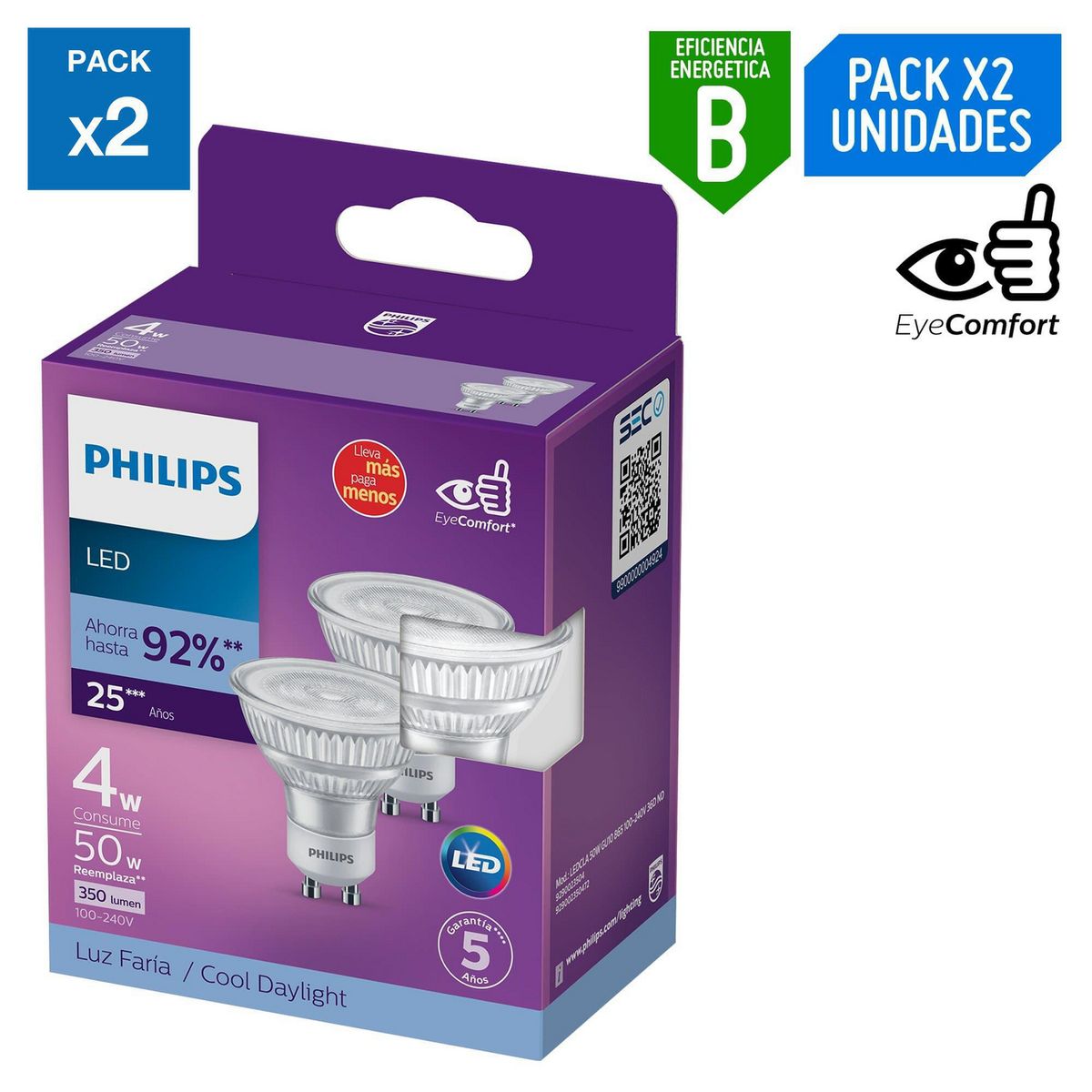 PHILIPS - Pack x2 Foco LED Dicroico Gu10 4W Luz Blanca