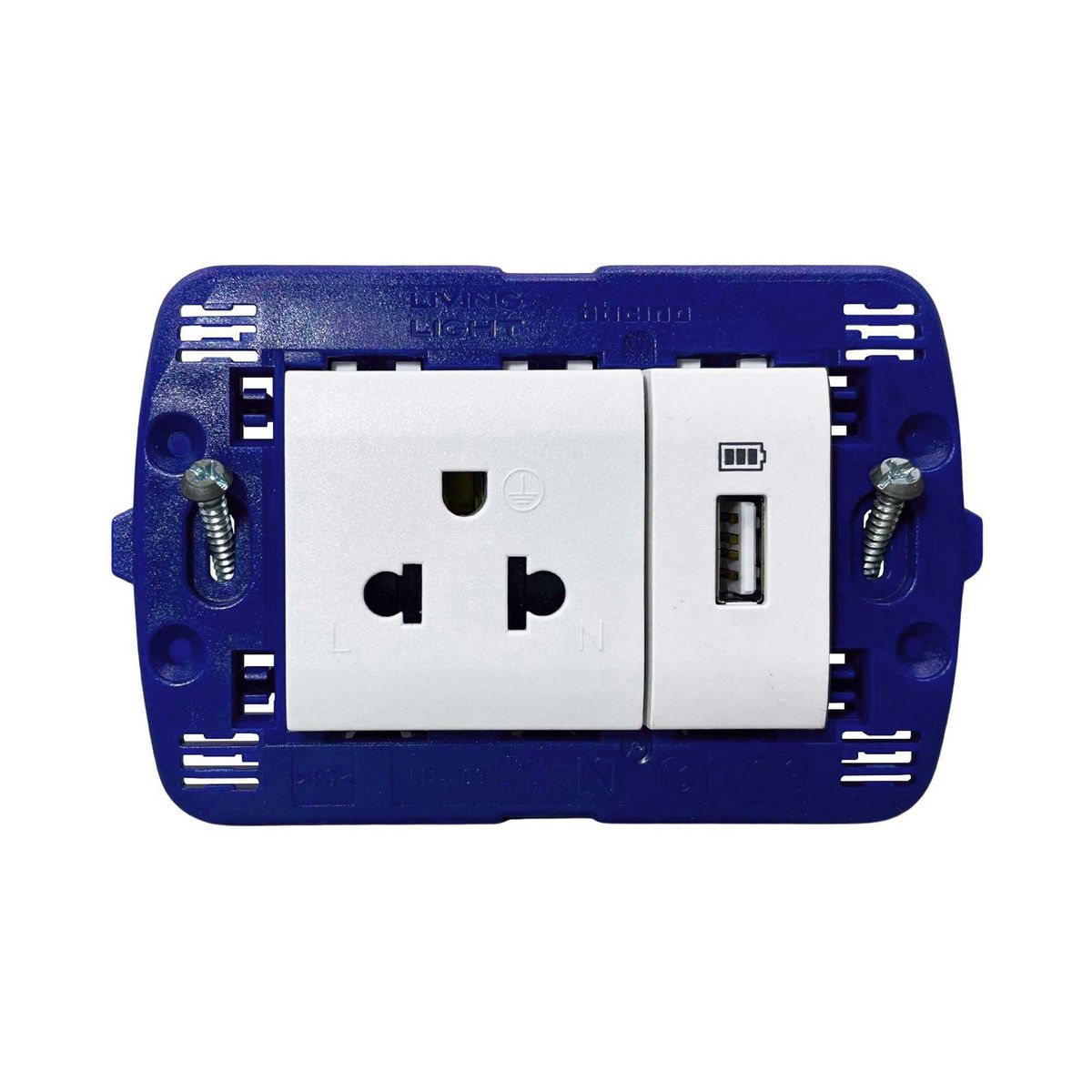 BTICINO - Tomacorriente Simple P/T + 1 Toma USB Living Light Blanco