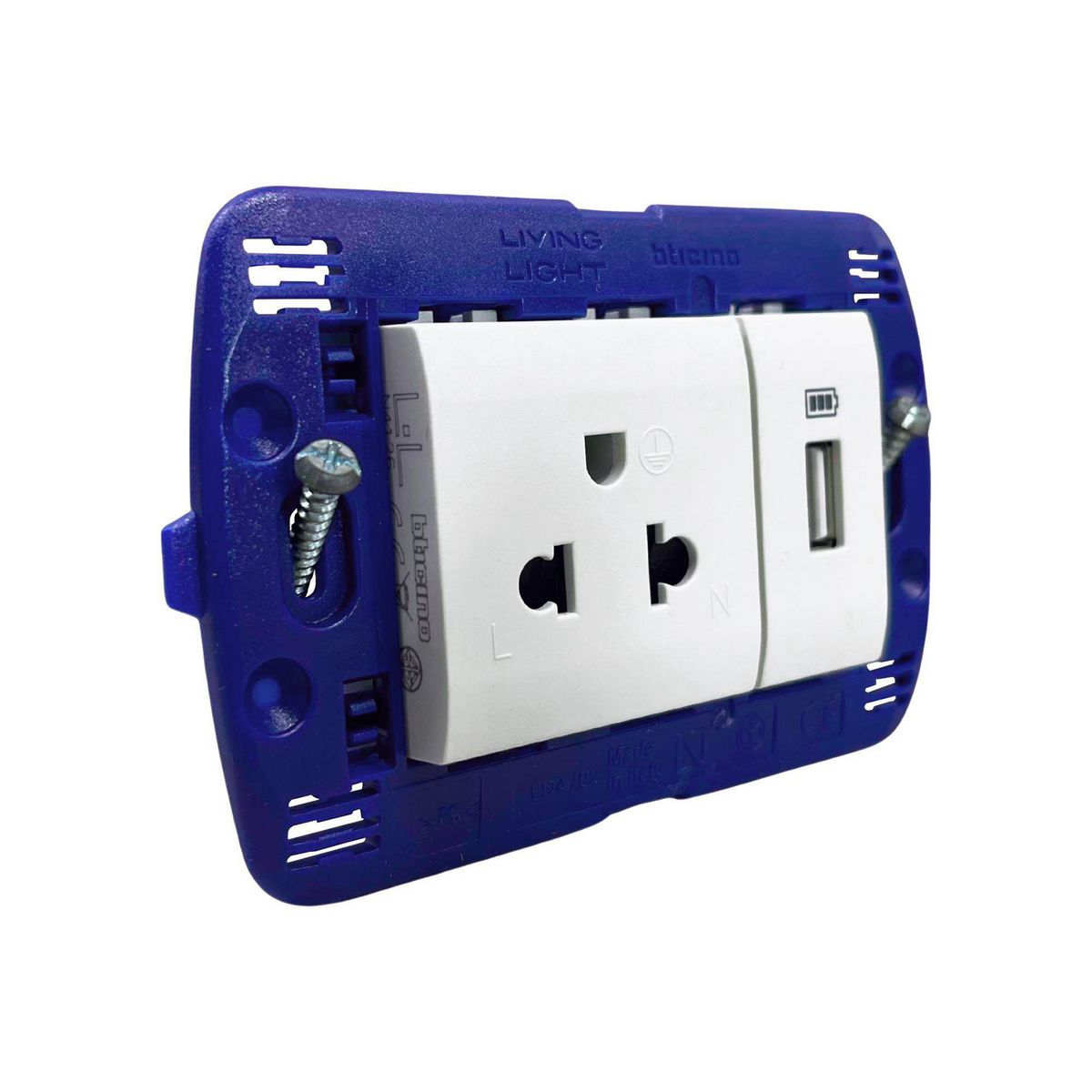 BTICINO - Tomacorriente Simple P/T + 1 Toma USB Living Light Blanco