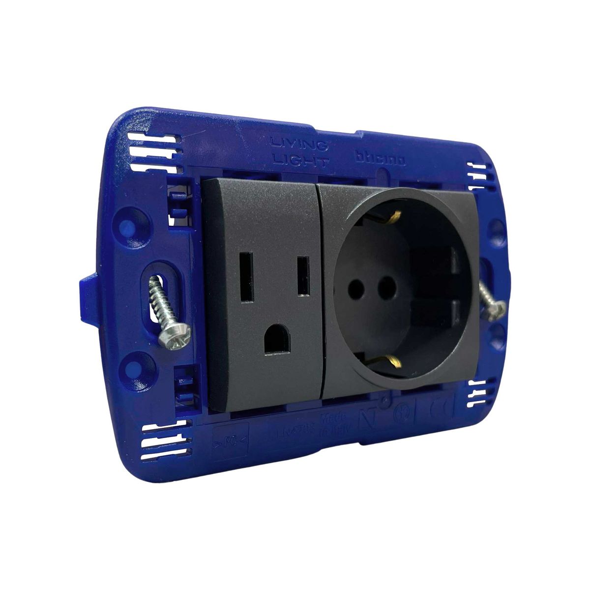 BTICINO - Tomacorriente Schuko + Americano Living Light Negro