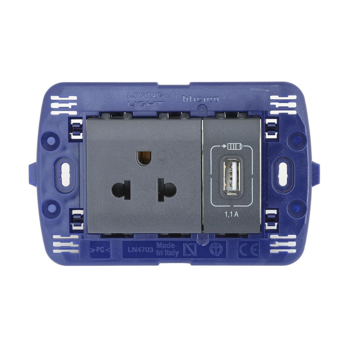 BTICINO - Tomacorriente Simple P/T + 1 Toma USB Living Light Negro