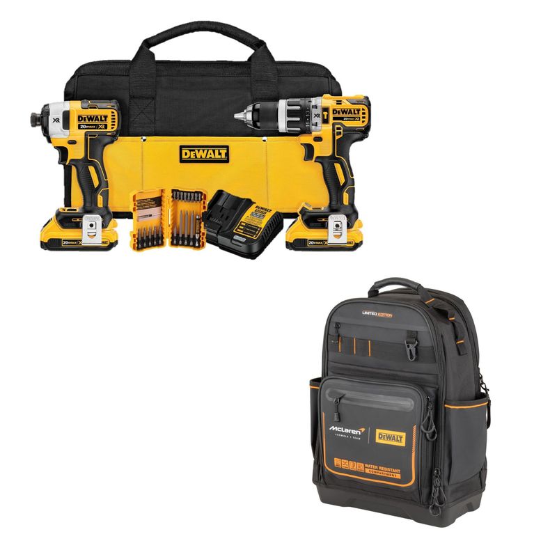 DEWALT - Taladro Percutor Inalámbrico 1/2" 20V + Atornillador de Impacto Inalámbrico 1/4" 20V + 2 Baterías 2.0Ah + Cargador 12/20V + Set de 18 Piezas + Bolso DCK287D2 Dewalt + Mochila Mclaren F1 Team Pro Dewalt