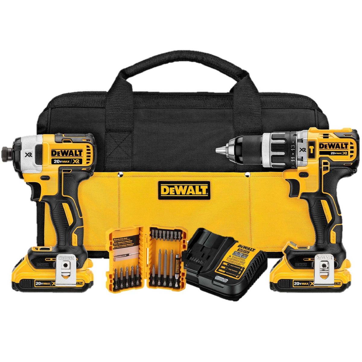 DEWALT - Taladro Percutor Inalámbrico 1/2" 20V + Atornillador de Impacto Inalámbrico 1/4" 20V + 2 Baterías 2.0Ah + Cargador 12/20V + Set de 18 Piezas + Bolso DCK287D2 Dewalt