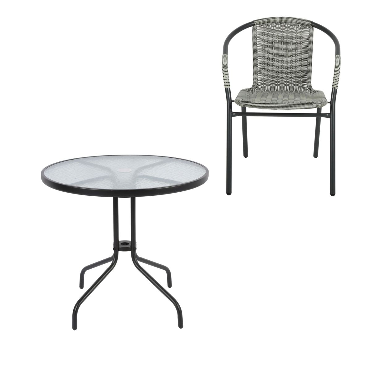 JUST HOME COLLECTION - Mesa de Terraza Metal con Vidrio Redonda Negro 80 CM + Silla para Terraza Ratan Gris Oscuro 73x54x61 cm