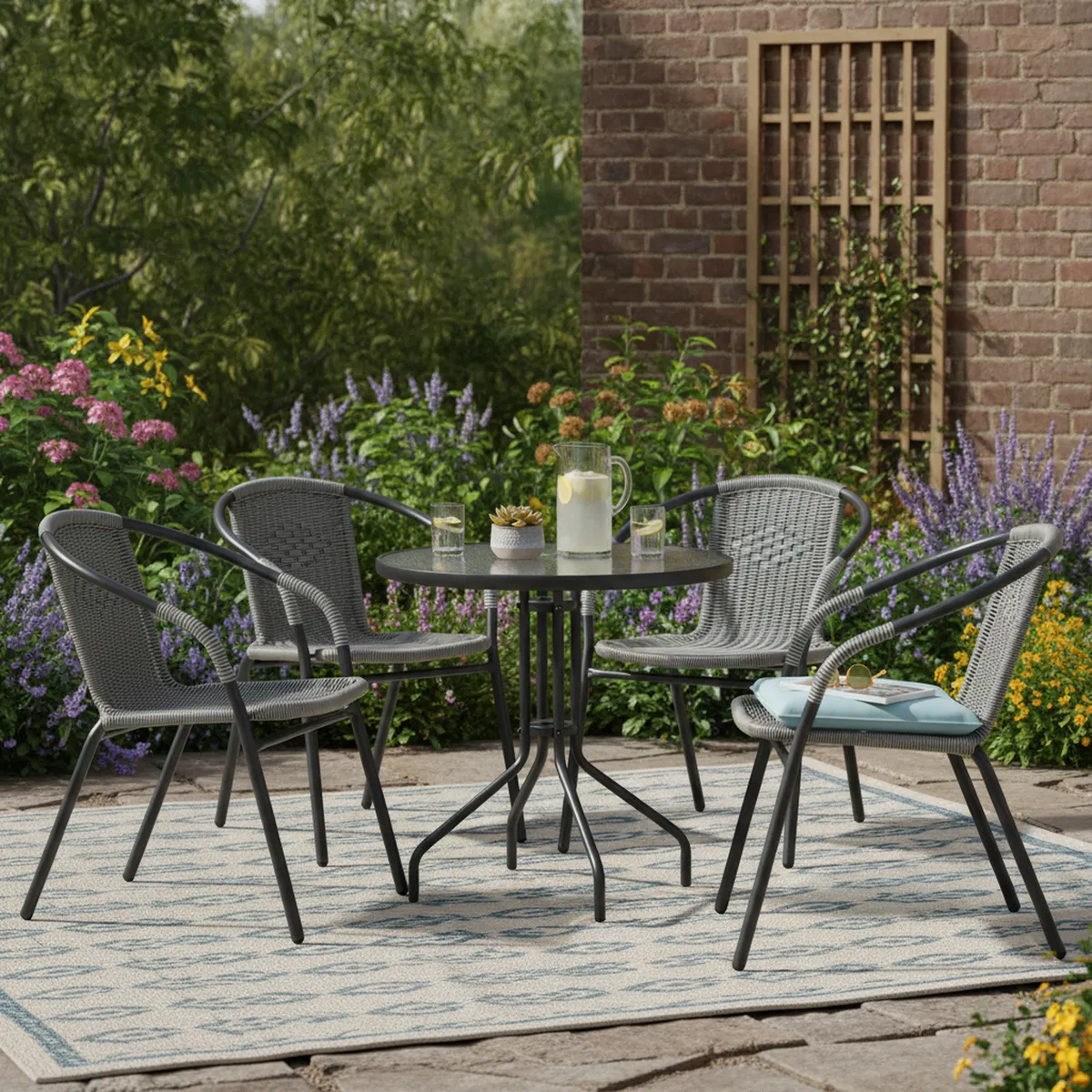 JUST HOME COLLECTION - Mesa de Terraza Metal con Vidrio Redonda Negro 80 CM + Silla para Terraza Ratan Gris Oscuro 73x54x61 cm