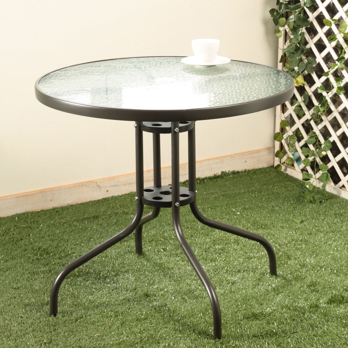 JUST HOME COLLECTION - Mesa de Terraza Metal con Vidrio Redonda Negro 80 CM