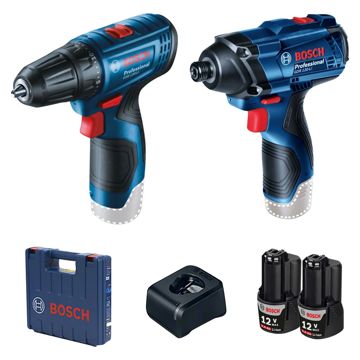 BOSCH - Taladro Atornillador Inalámbrico 3/8" 12V GSR 120-LI + Atornillador de Impacto Inalámbrico 1/4" 12V GDR 120-LI + 2 Baterías 2.0Ah + Cargador + Maletín Bosch