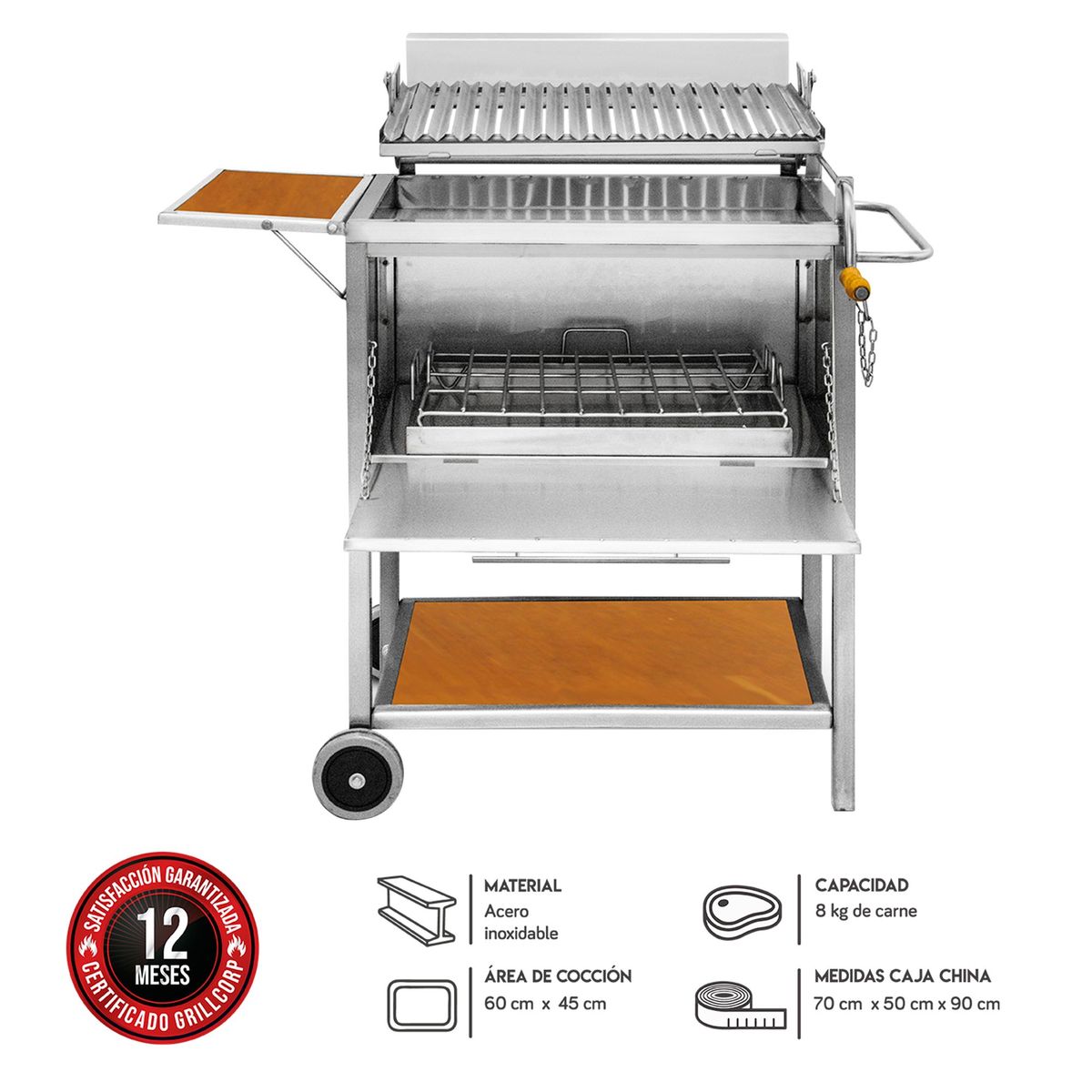 GRILLCORP - Caja China Grillcorp Grande 70x90x50cm Acero Inox + Parrilla Levante