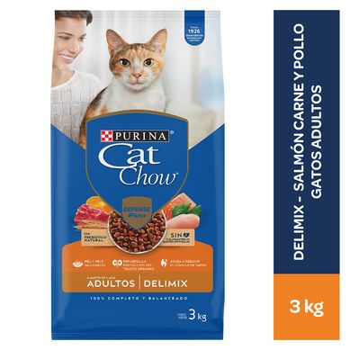 Cat Chow Adultos Croquetas para Gatos Delimix 3 kg Sabor Salmn, Carne y Pollo