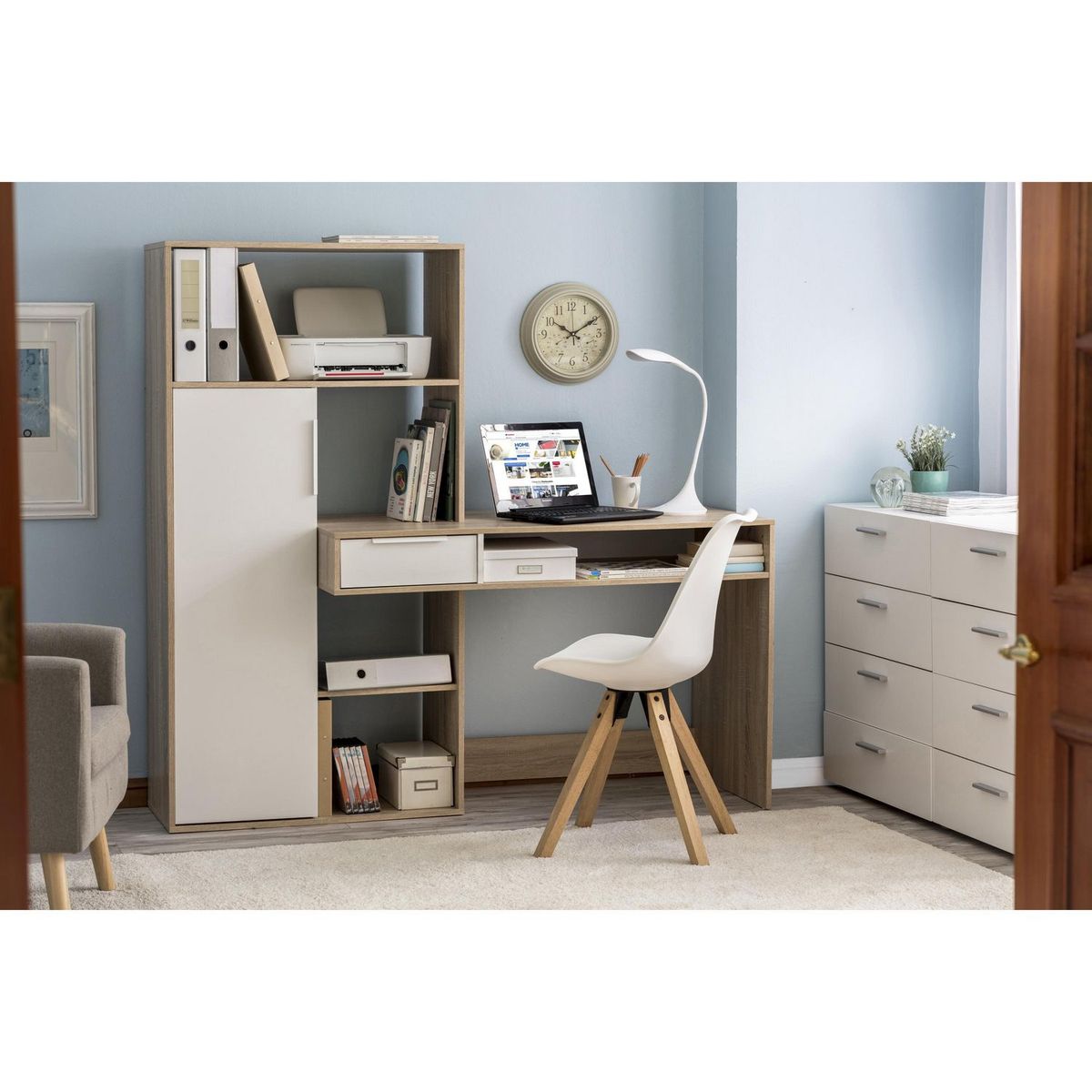 TVILUM - Escritorio con Estante Blanco/roble
