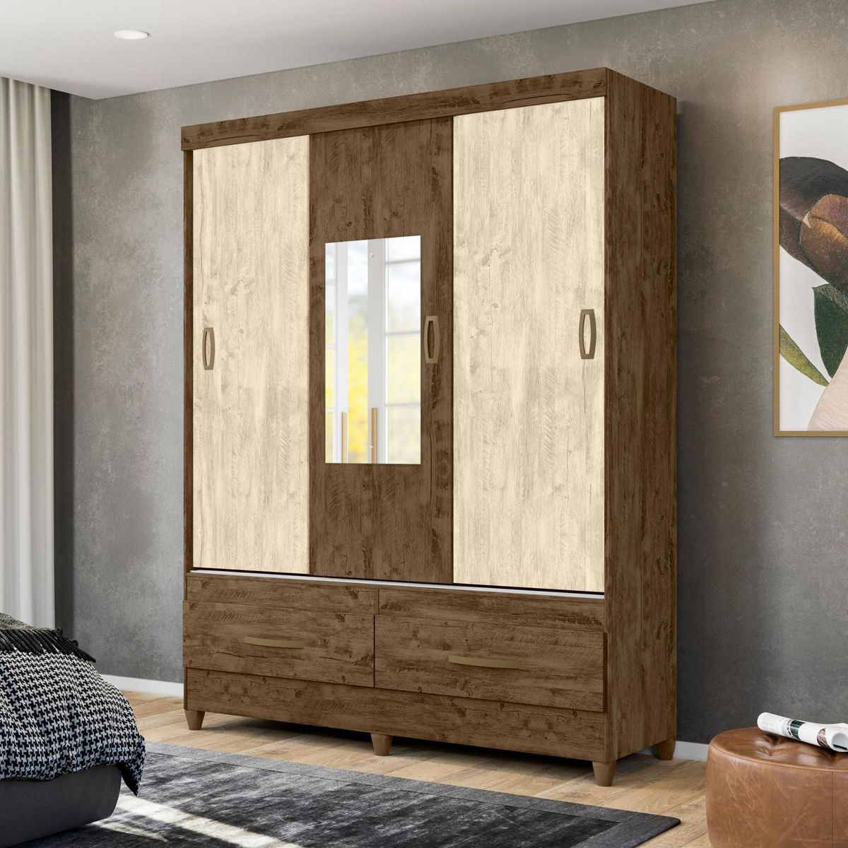 CASA BONITA - Ropero con Espejo 3 Puertas Corredizas 2 Cajones Suecia