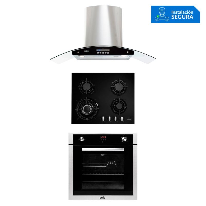 SOLE - Tricombo Sole Cocina Empotrable 4 Hornillas SOLCO034 + Campana Venus Pluss 90cm TURE63CO + Horno a Gas 70 Lt SOLHO007