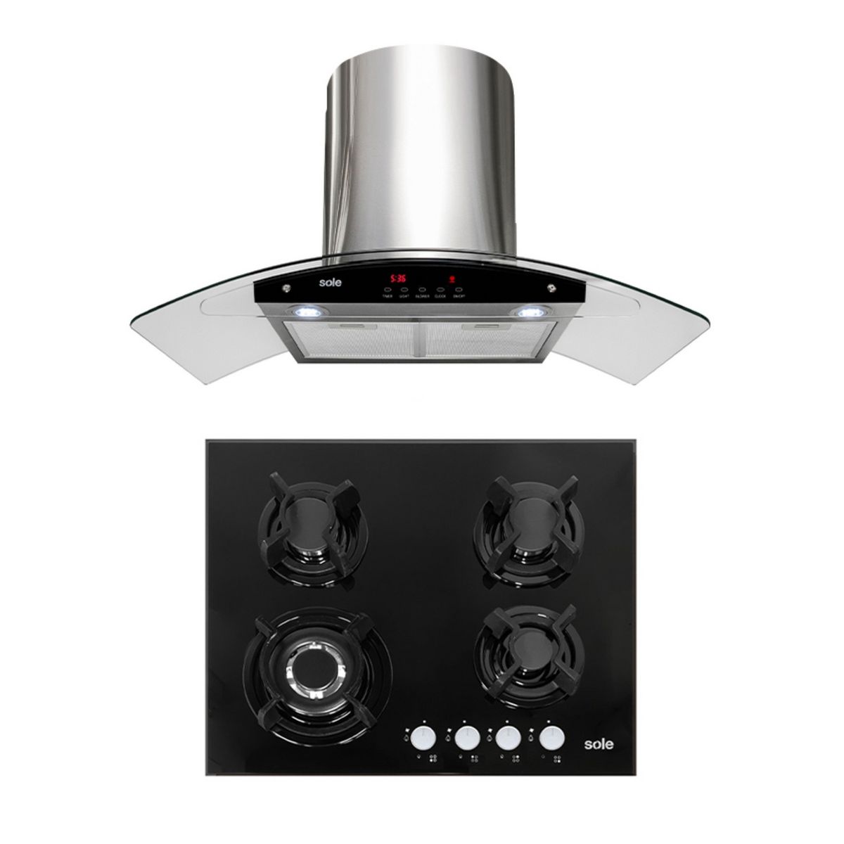 SOLE - Combo Encimera Empotrable A Gas 4 Hornillas SOLCO034 + Campana Decorativa 90cm TURE63CO Sole