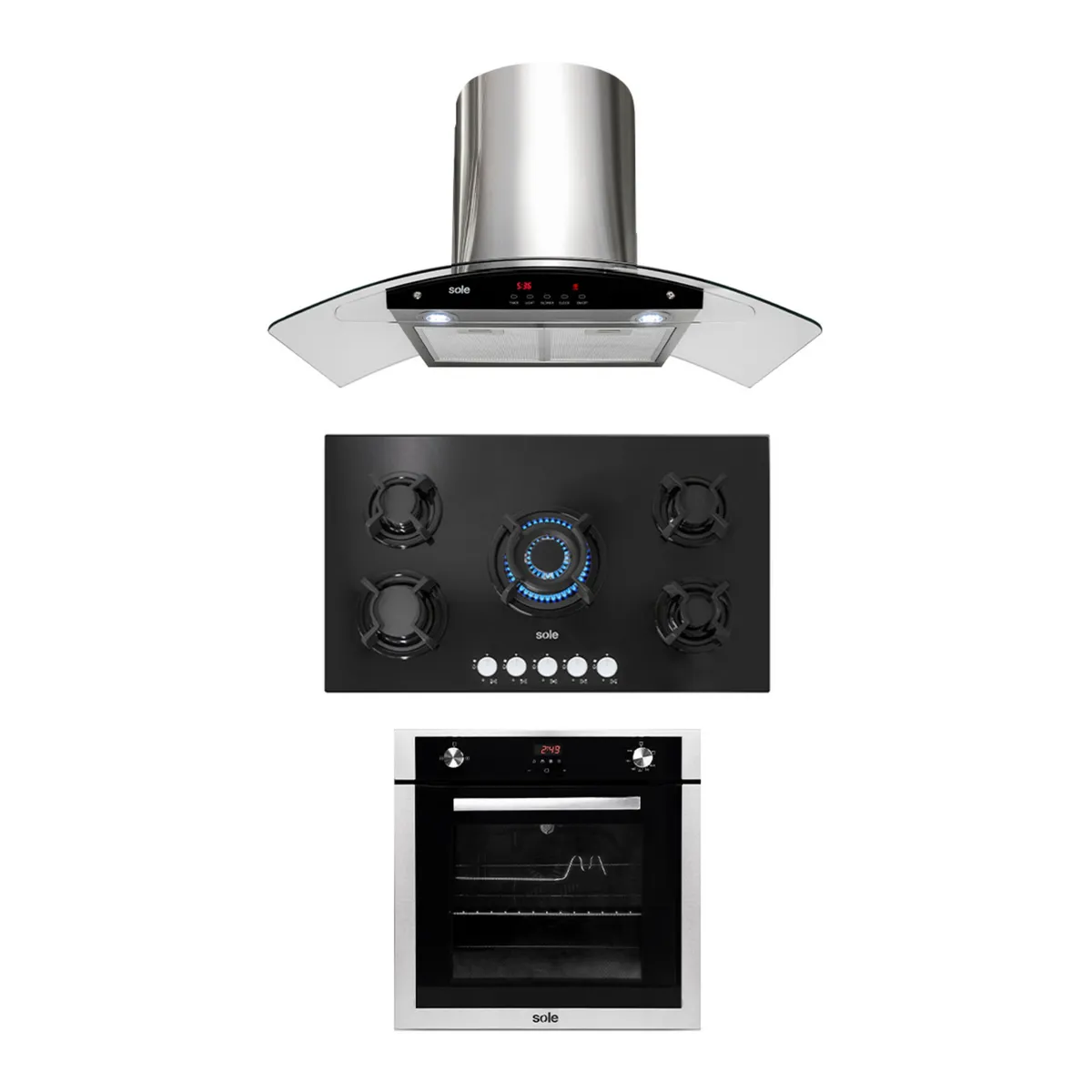 SOLE - Cocina Empotrable 5 Hornillas + Campana Decorativa 90cm + Horno a Gas Empotrable 70L Sole