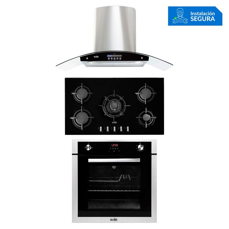 SOLE - Tricombo Sole Cocina Empotrable 5 Hornillas SOLCO033 + Campana Decorativa 90cm Venus Pluss TURE63CO + Horno a Gas 70 Lt SOLHO007