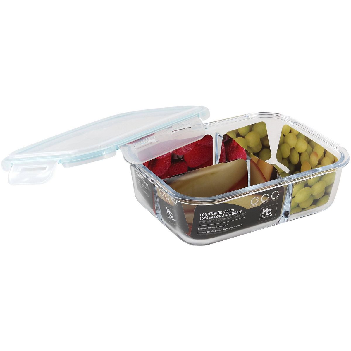 JUST HOME COLLECTION - Táper De Vidrio Redondo Con 3 Divisiones 1.52Lt