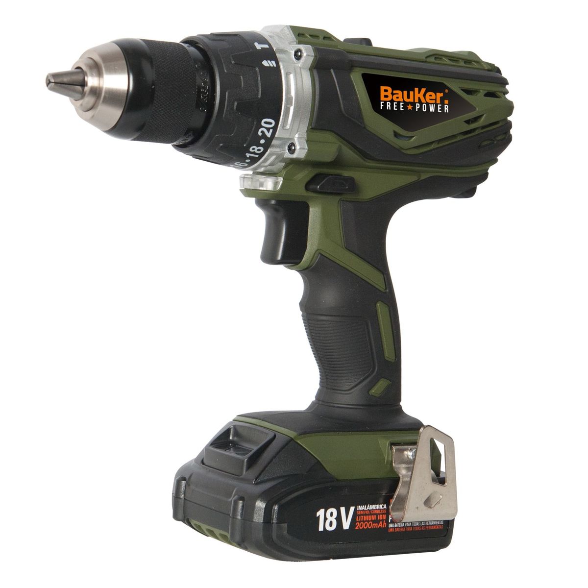 BAUKER - Taladro Percutor Inalámbrico Bauker 1/2" 18V Free Power + Bateria + Cargador + Accesorios Bauker